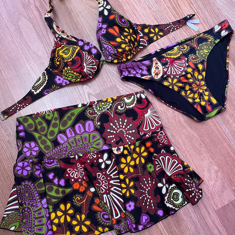 Colorful Floral Bikini Set with Skirt